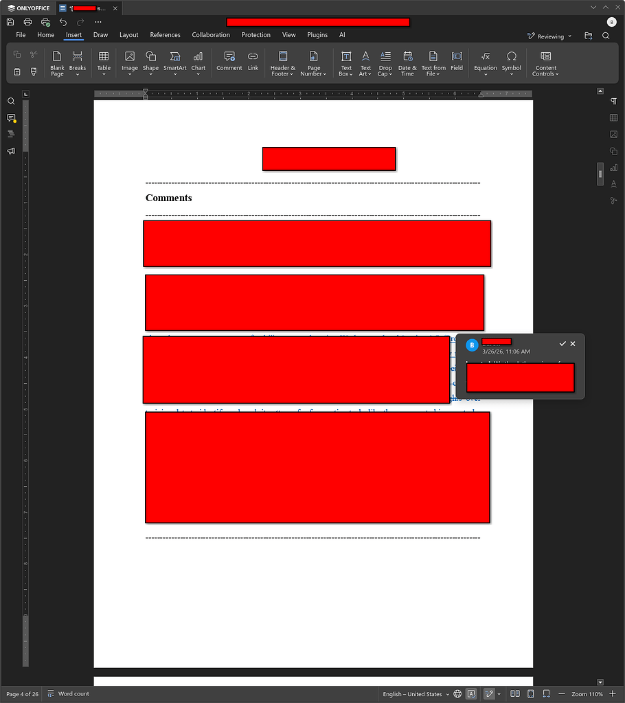 Comment bubbles and Track Changes overlap document text in narrow/split ...